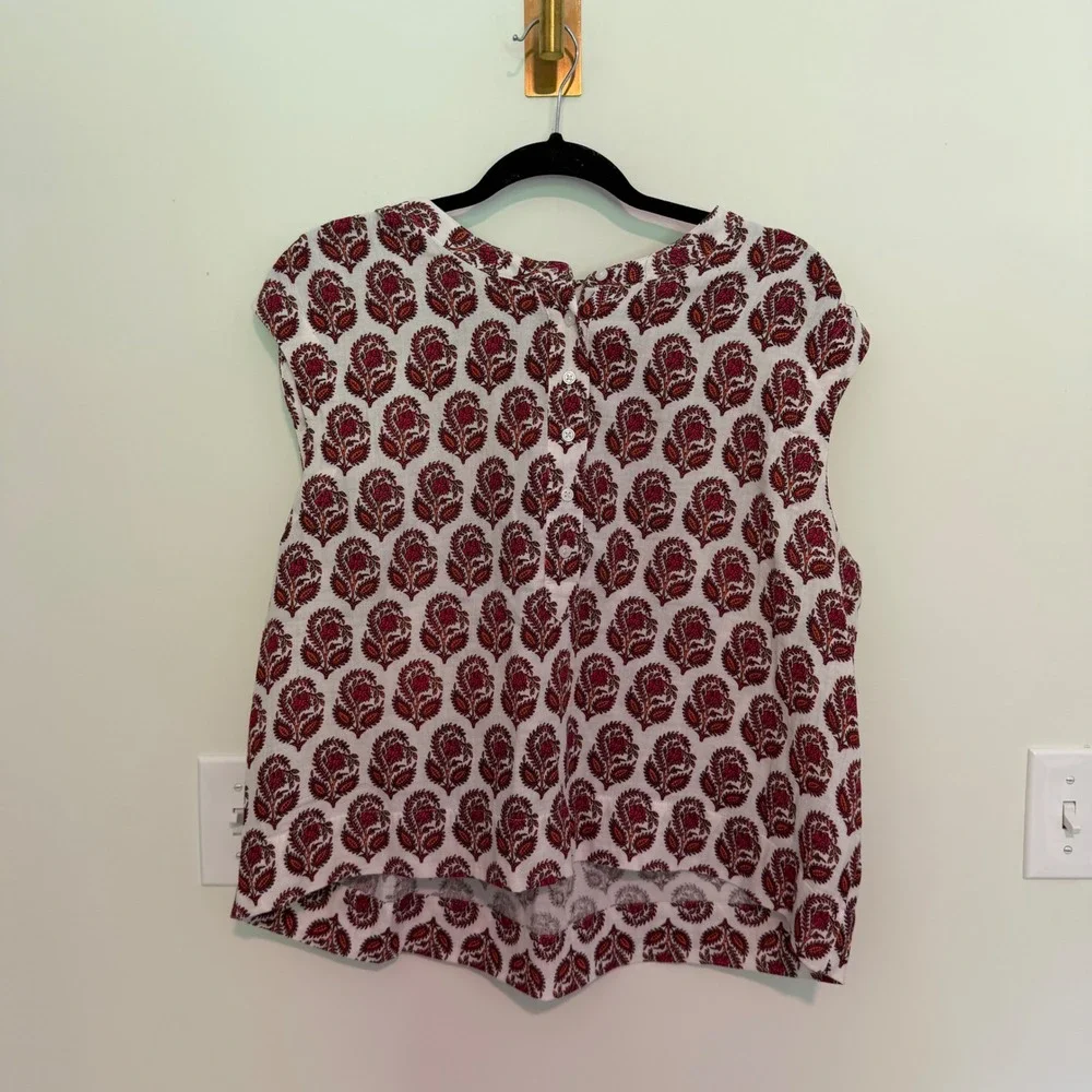 J. Crew‎ Womens Large Red Block Print Floral Paisley Sleeveless Button Back Top